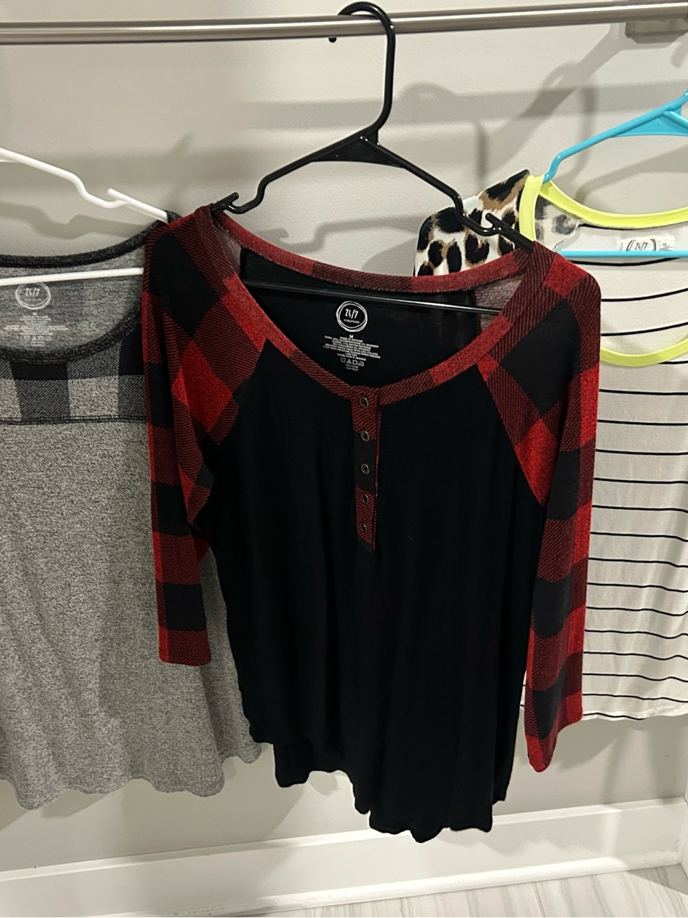 Maurices Black Top with Red Buffalo Plaid Raglan Sleeves